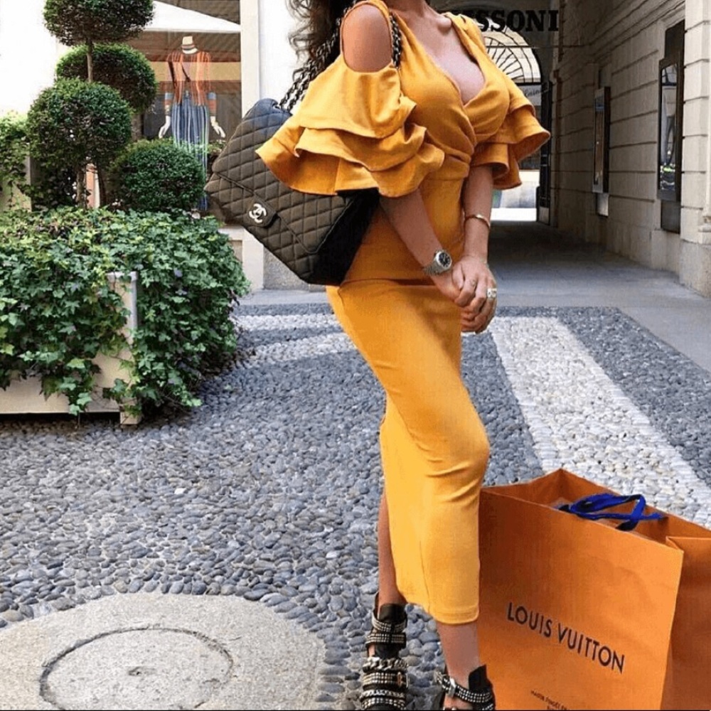 MUSTARD BANDAGE DRESS! size small - Picture 4 of 6
